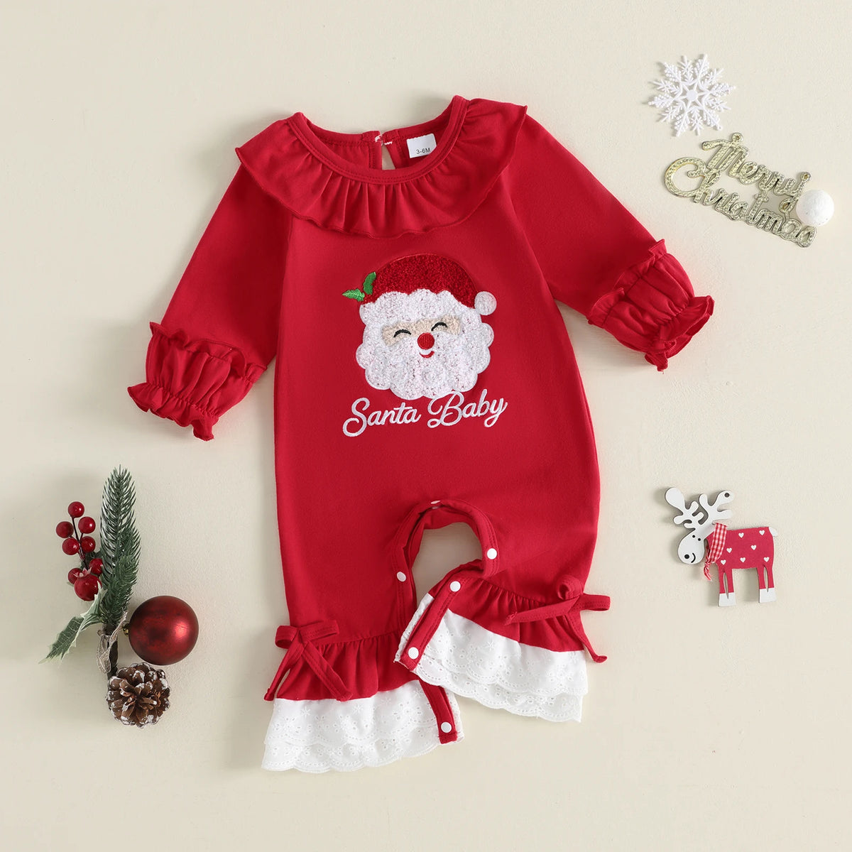 Baby Girl "Santa Baby" Christmas Romper – Long Sleeve Ruffle Collar Bodysuit with Lace Hem & Bows (0–18M)