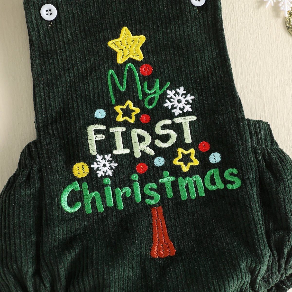 "My First Christmas" Corduroy Overalls – Sleeveless Embroidered Holiday Romper (0–18M)