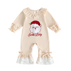 Baby Girl "Santa Baby" Christmas Romper – Long Sleeve Ruffle Collar Bodysuit with Lace Hem & Bows (0–18M)