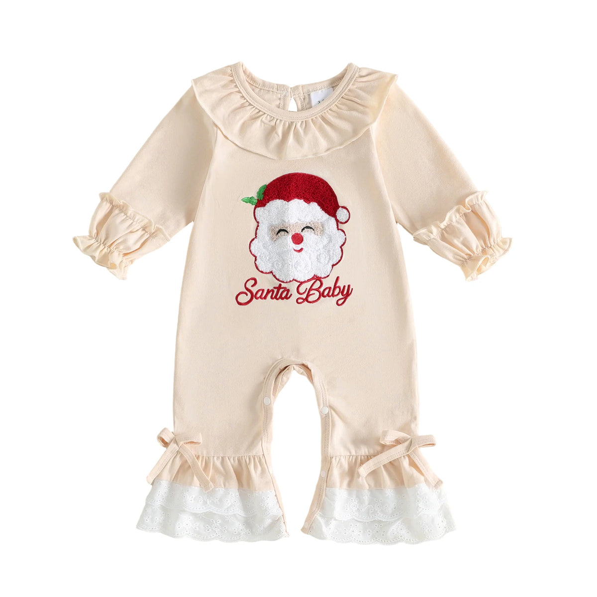 Baby Girl "Santa Baby" Christmas Romper – Long Sleeve Ruffle Collar Bodysuit with Lace Hem & Bows (0–18M)