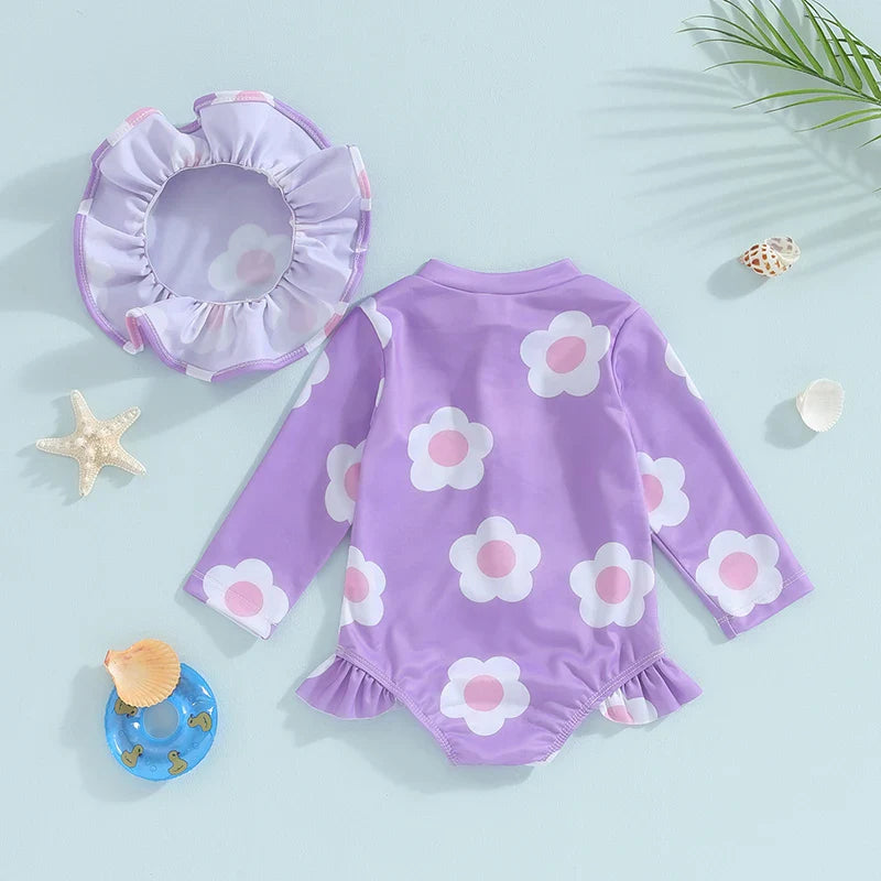 Purple Flower Swimsuit & Hat