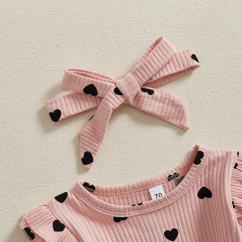 Heart Polka Dot Ribbed Ruffles Outfit & Headband