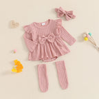 Solid Knit Bow Dress with Socks & Headband