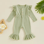 Solid Ribbed Ruffles Flare Leg Romper