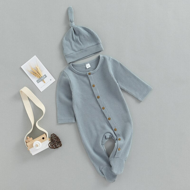 Button Baby Solid Footie Onesie with Hat