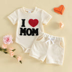 "I Love Mom" Baby Boy Waffle Romper & Shorts Set