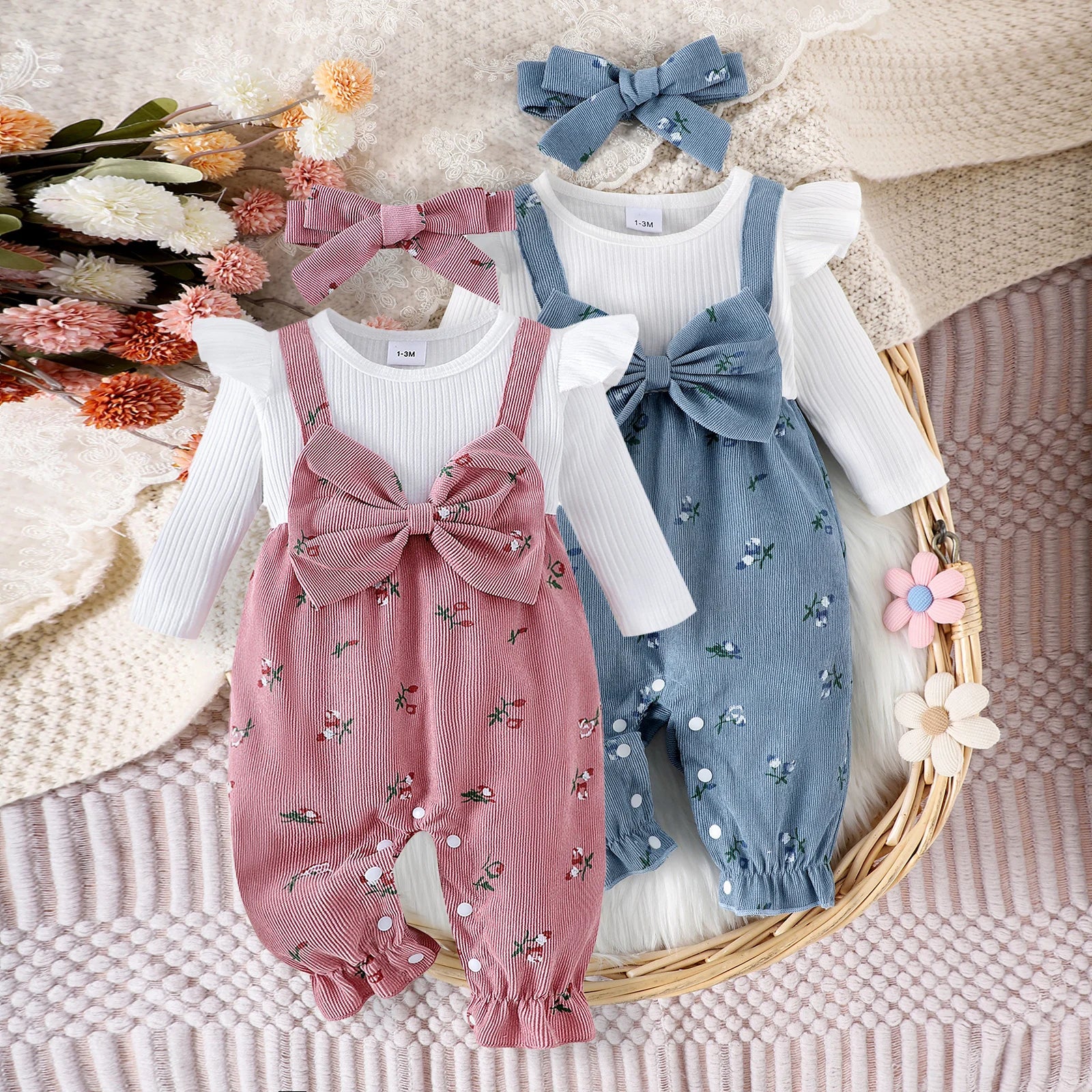 Baby Girl Floral Bow Jumpsuit & Headband Set