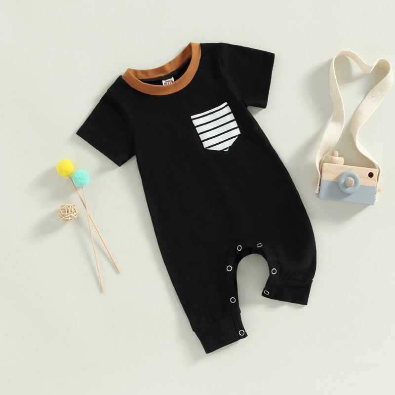 Short Sleeve Striped Pocket Romper