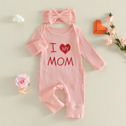 "I Love My Mom" Baby Girl Romper & Headband Set
