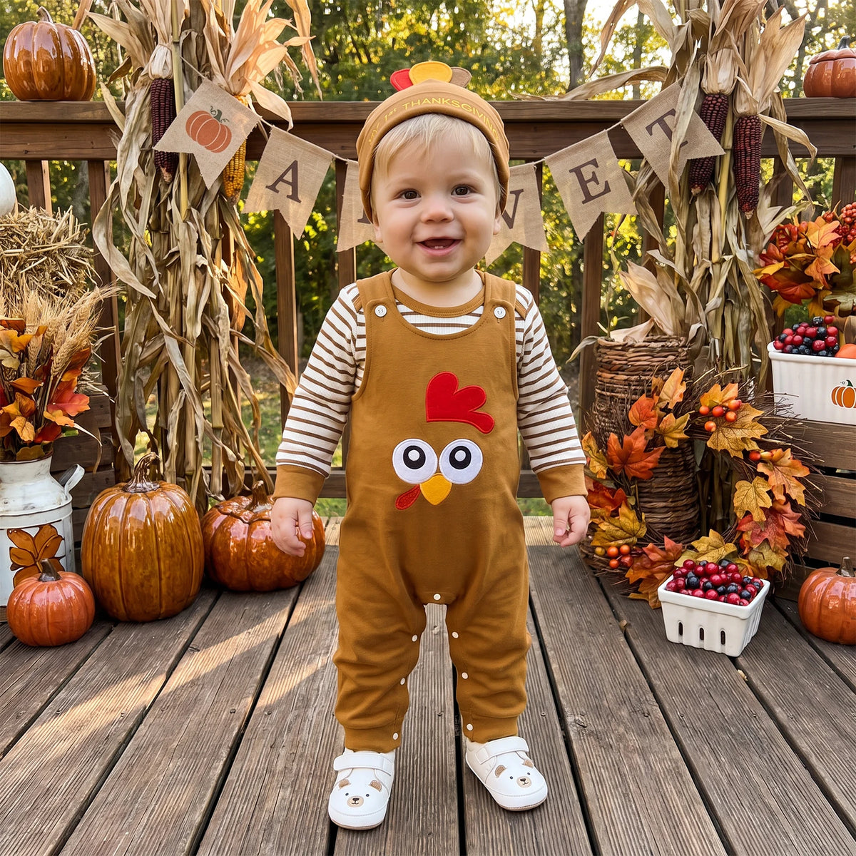 Thanksgiving Outfit Striped Rompers and Turkey Overalls with Hat
