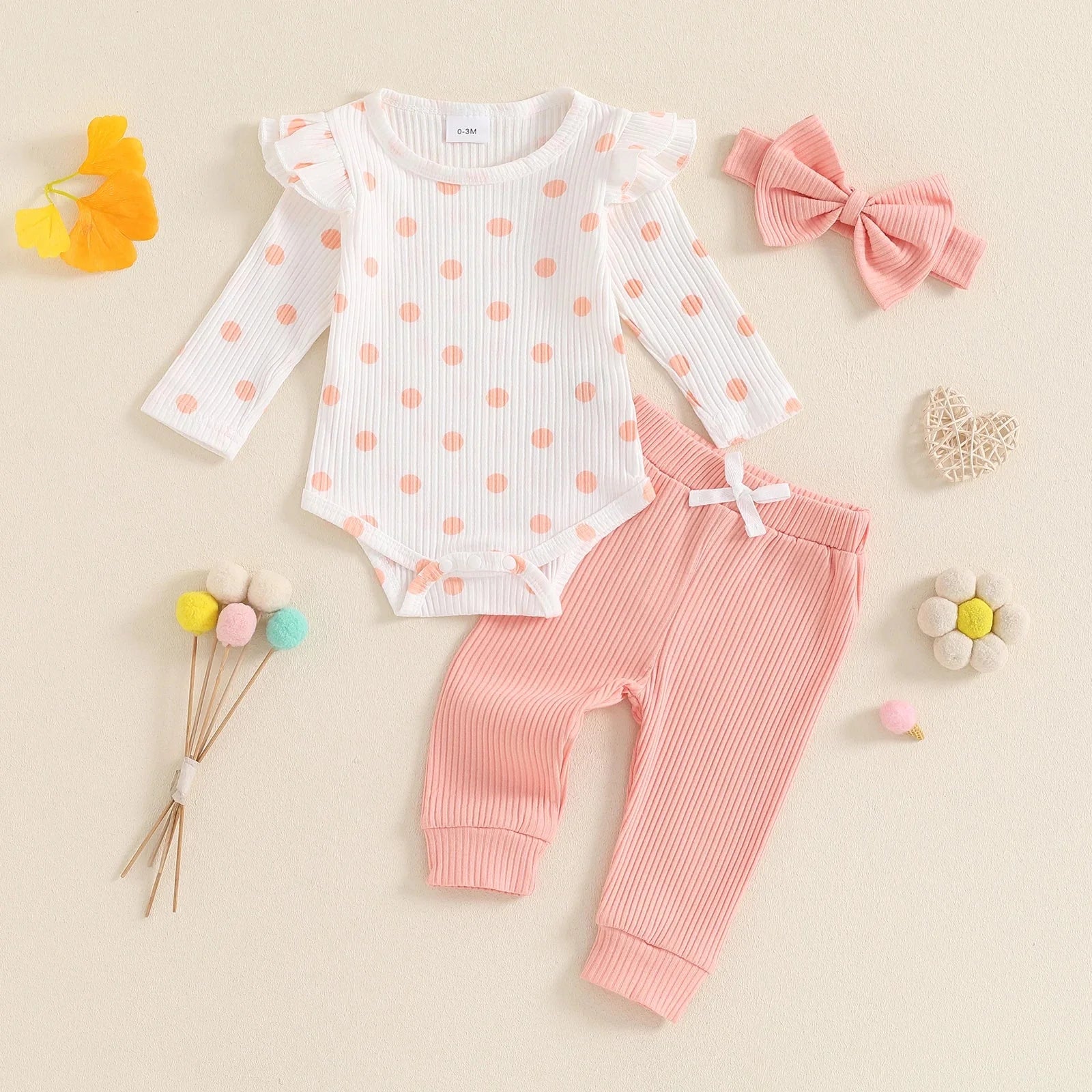 Polka Dot Ribbed Ruffles Outfit & Headband