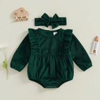Solid Ribbed Velvet Romper & Bow
