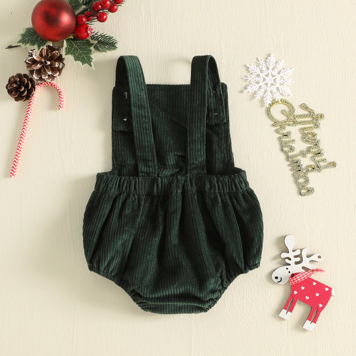 "My First Christmas" Corduroy Overalls – Sleeveless Embroidered Holiday Romper (0–18M)
