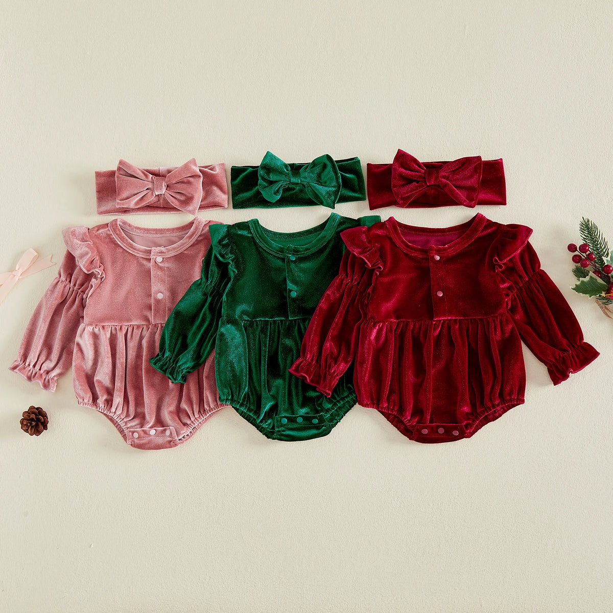 Solid Velvet Romper & Bow