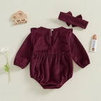 Solid Ribbed Velvet Romper & Bow