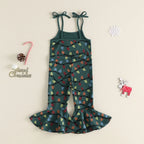 Toddler Girls Ribbed Christmas Suspender Jumpsuit – Embroidered Lettering & String Lights Flare Overalls