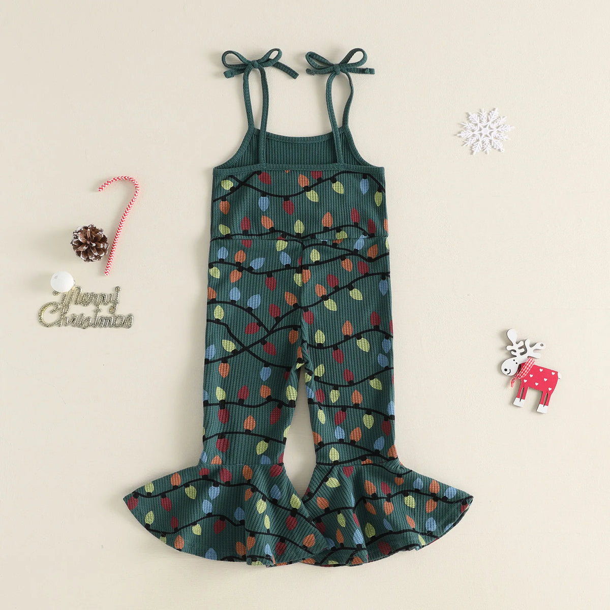 Toddler Girls Ribbed Christmas Suspender Jumpsuit – Embroidered Lettering & String Lights Flare Overalls