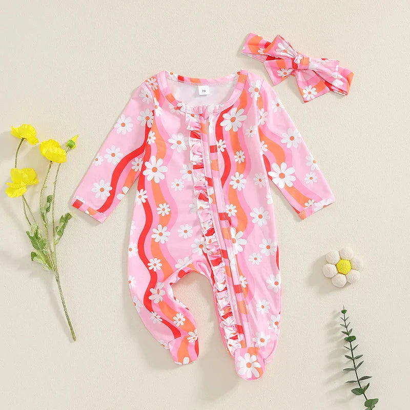Wavy Flowers Ruffled Footie Onesie & Bow
