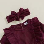 Solid Ribbed Velvet Romper & Bow