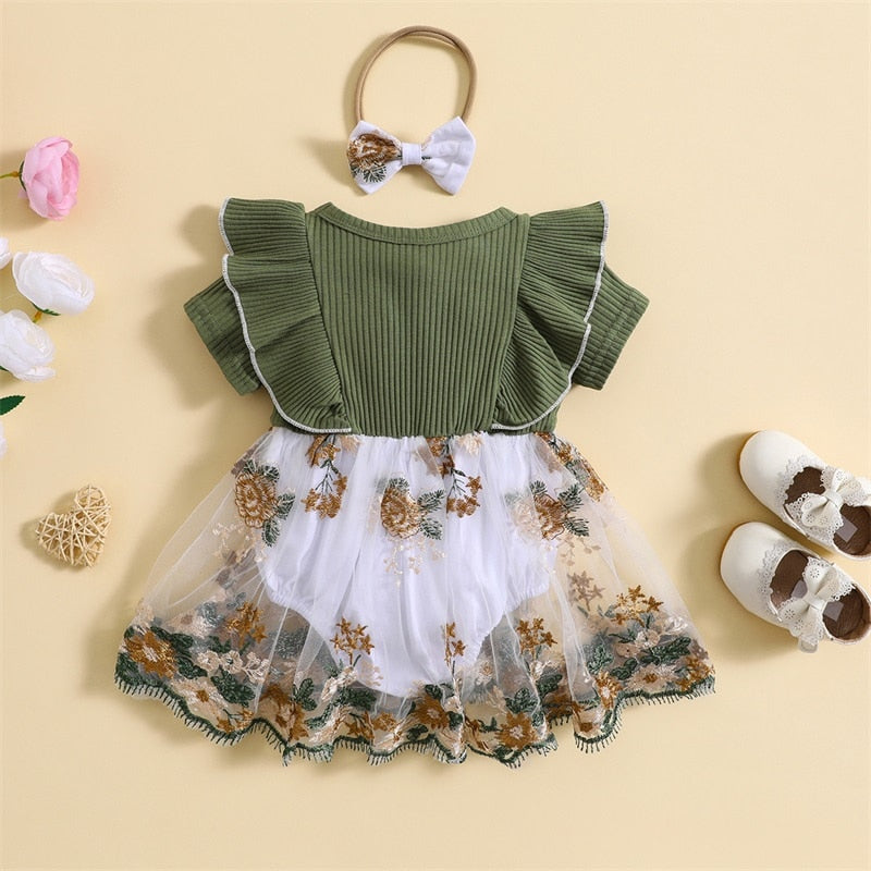 Floral Embroidered Bow Dress & Headband