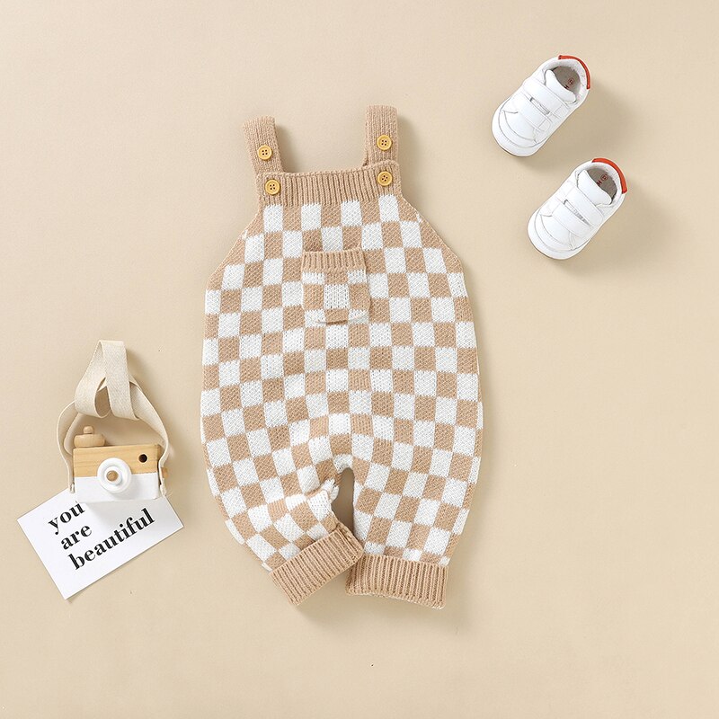 Knitted Checkered Pocket Romper