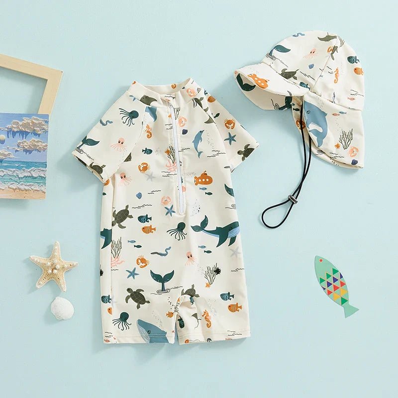 Short Sleeve Animal Life Swimsuit & Hat