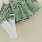 Baby Girl Floral Long Sleeve Romper Dress with Bow Headband and Stockings 3 Pcs Set
