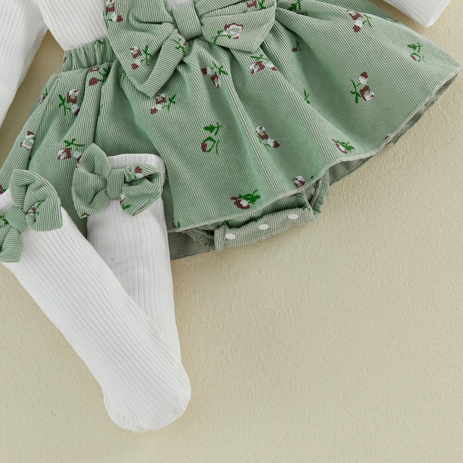 Baby Girl Floral Long Sleeve Romper Dress with Bow Headband and Stockings 3 Pcs Set