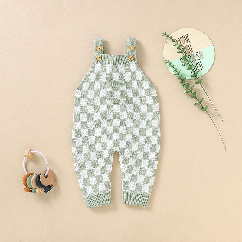 Knitted Checkered Pocket Romper