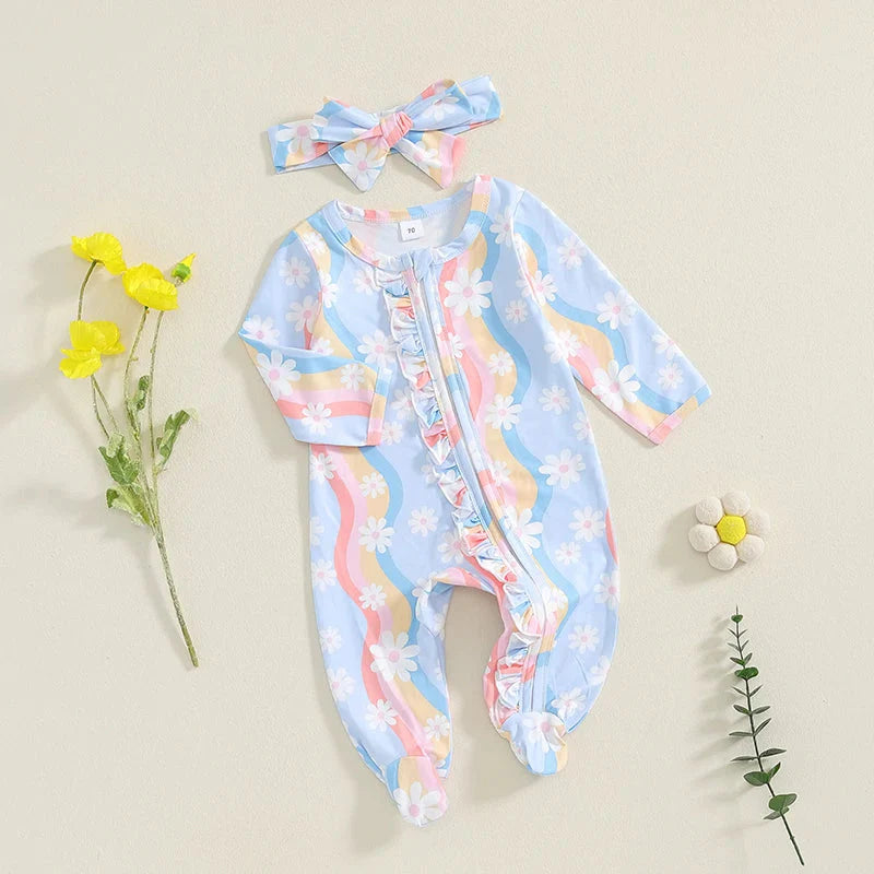 Wavy Flowers Ruffled Footie Onesie & Bow