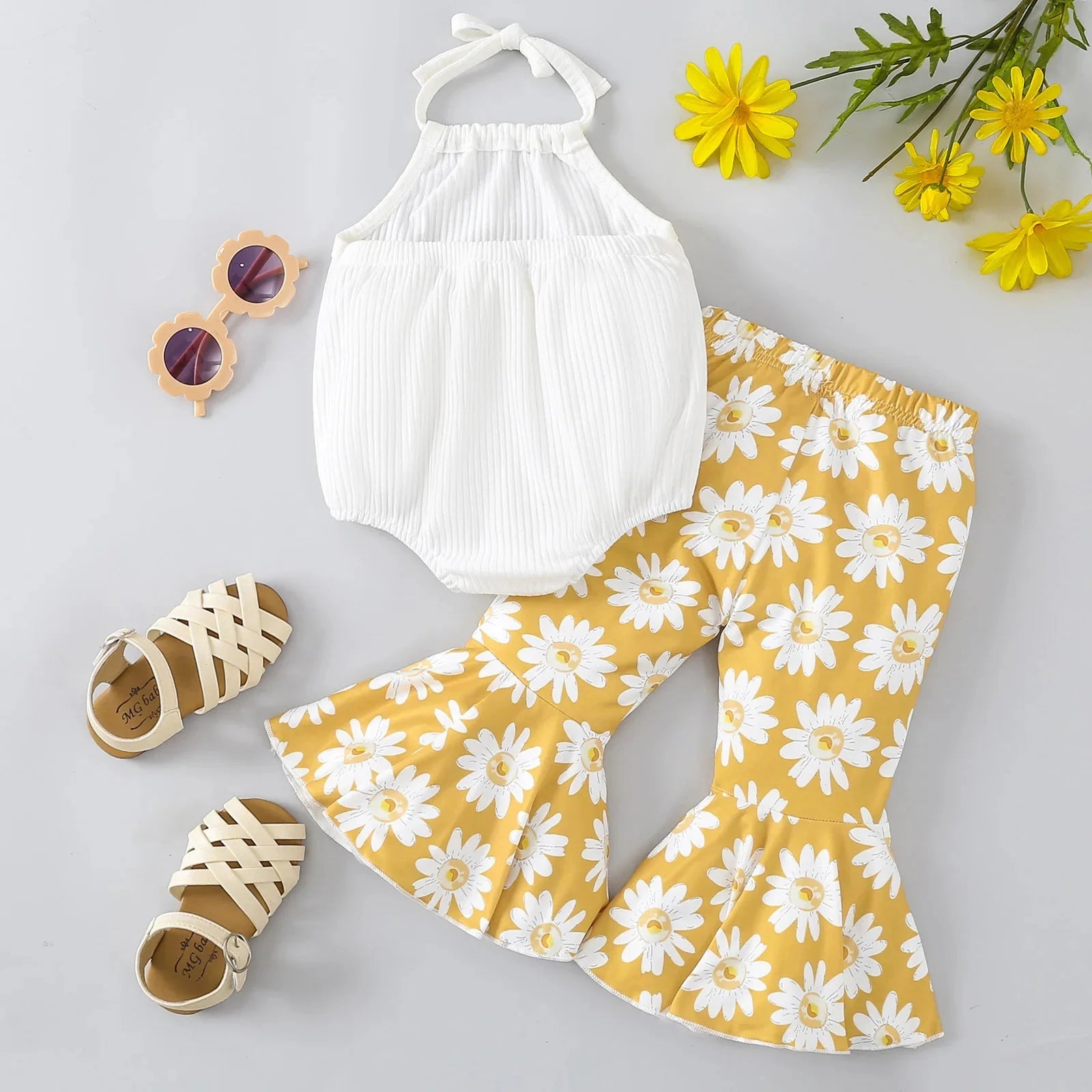 Halter Onesie & Floral Bell Bottoms Outfit