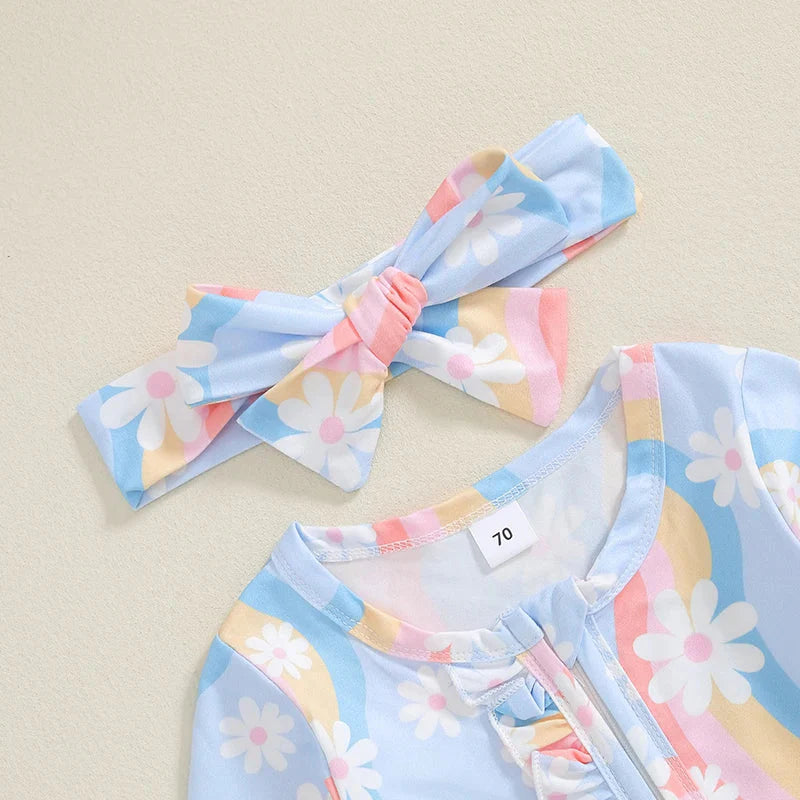 Wavy Flowers Ruffled Footie Onesie & Bow