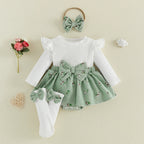 Baby Girl Floral Long Sleeve Romper Dress with Bow Headband and Stockings 3 Pcs Set