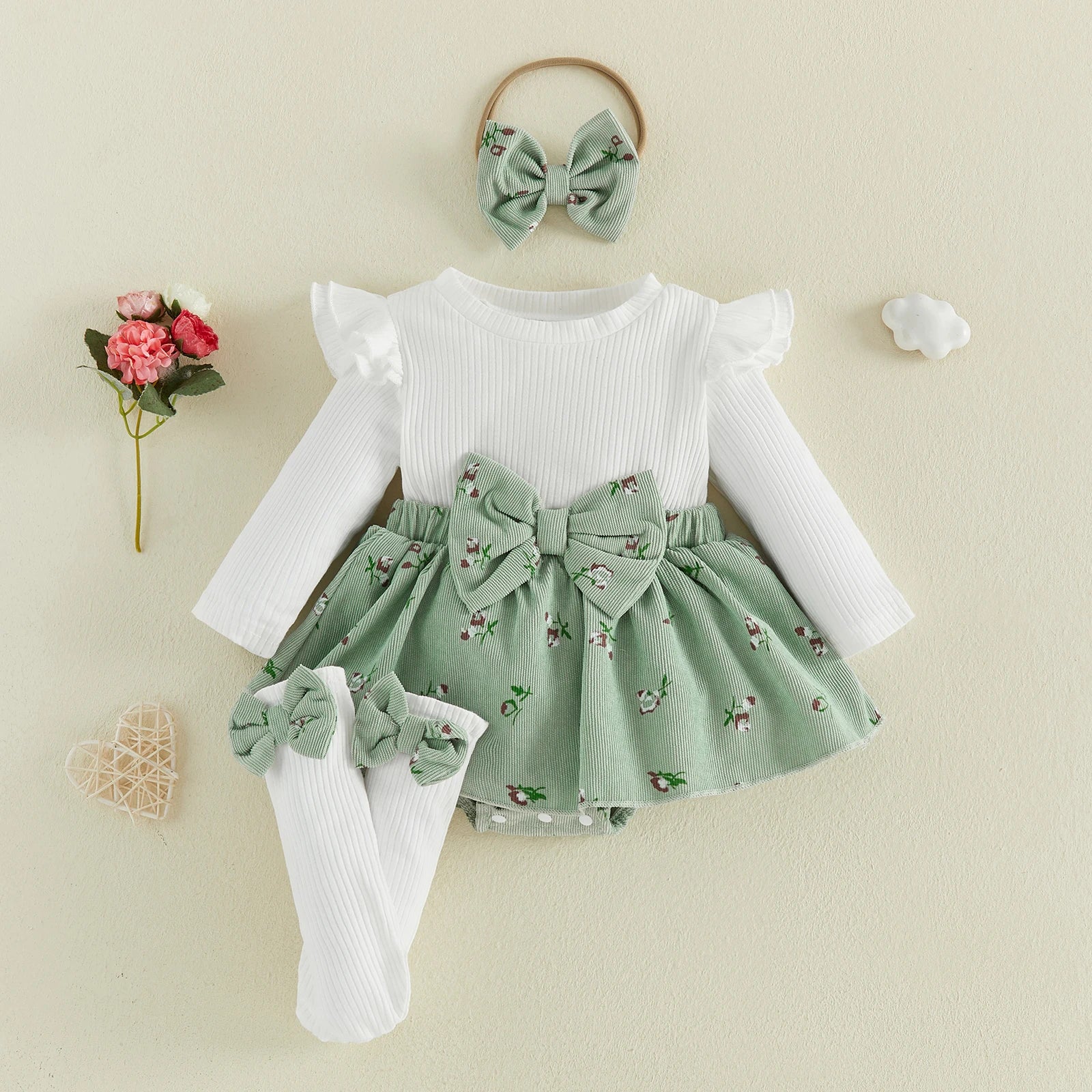 Baby Girl Floral Long Sleeve Romper Dress with Bow Headband and Stockings 3 Pcs Set