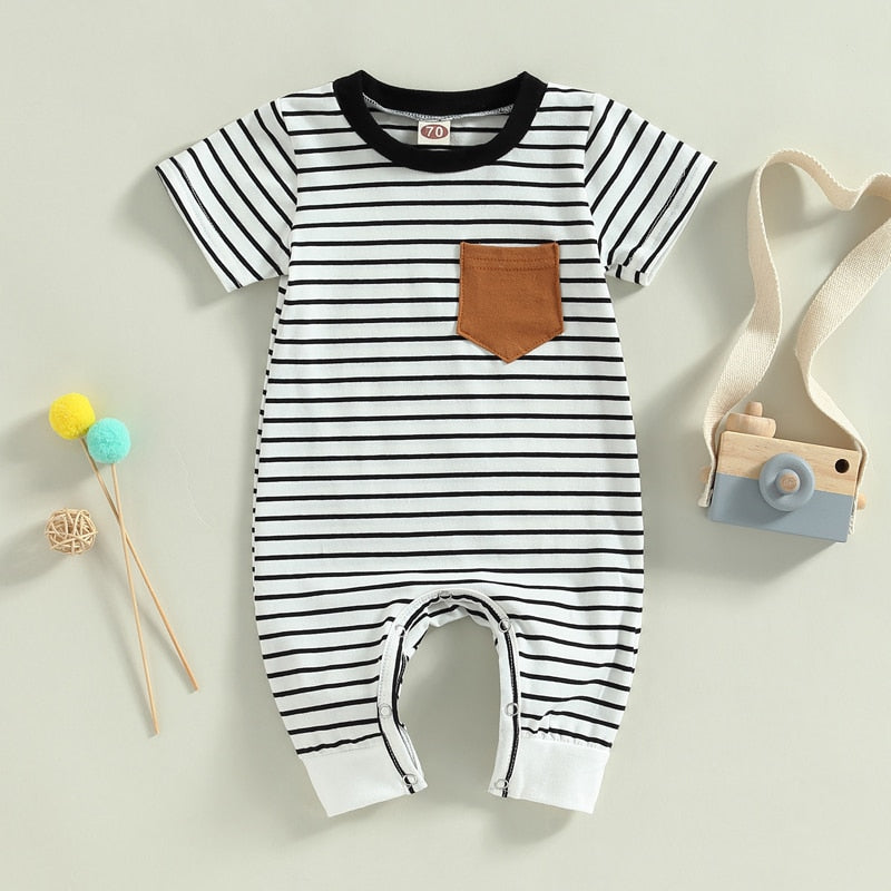 Short Sleeve Striped Pocket Romper