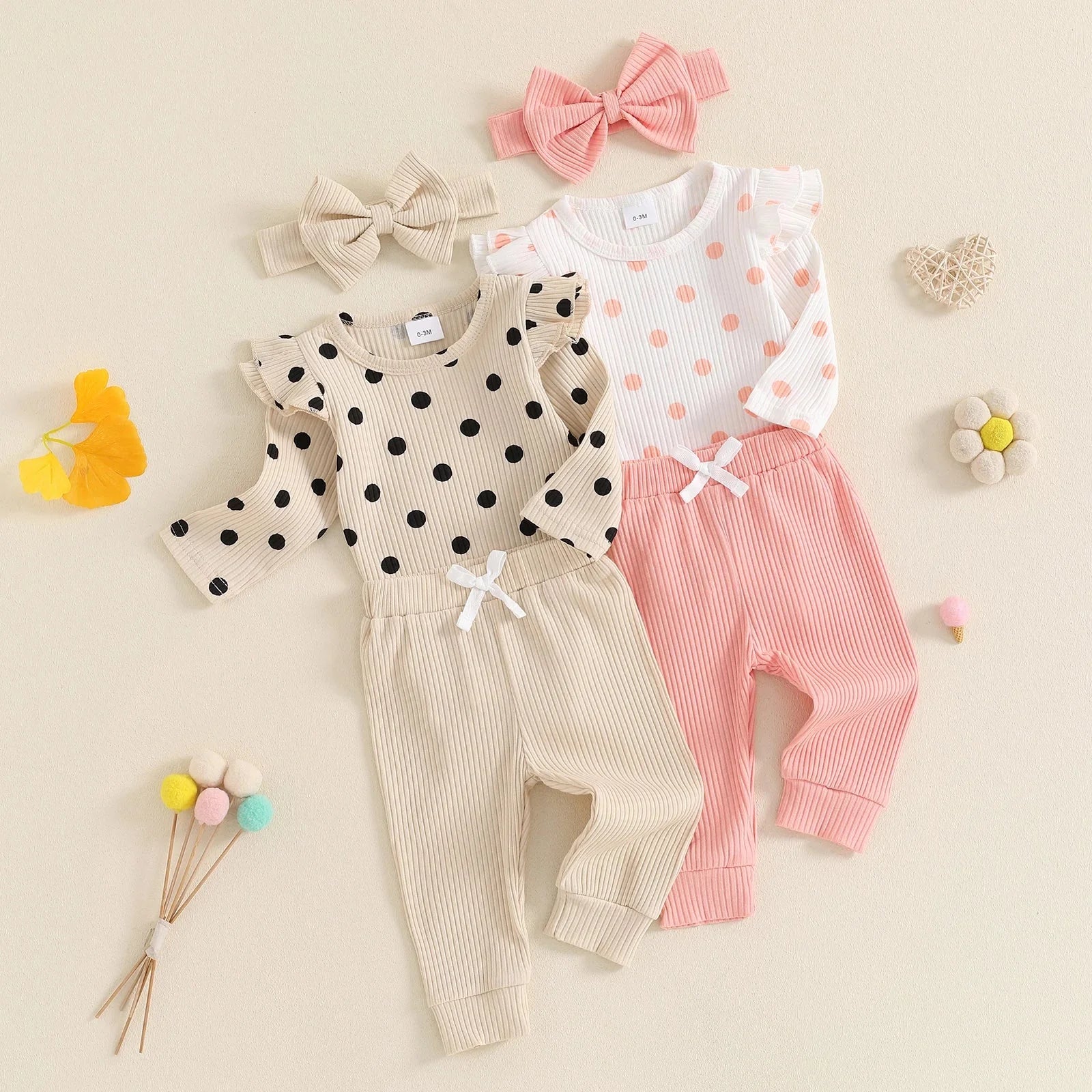 Polka Dot Ribbed Ruffles Outfit & Headband