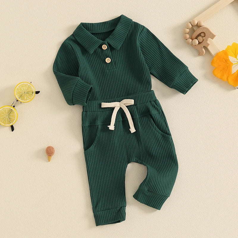 Solid Ribbed Collared Button Outfit