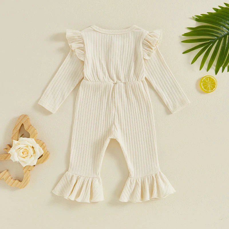 Solid Ribbed Ruffles Flare Leg Romper