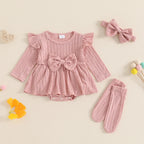 Solid Knit Bow Dress with Socks & Headband