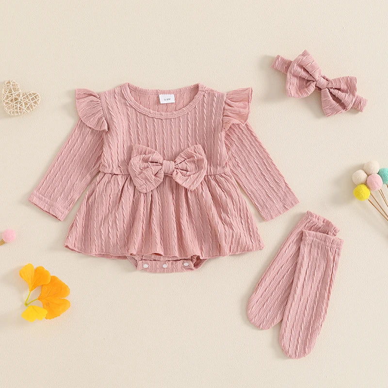 Solid Knit Bow Dress with Socks & Headband