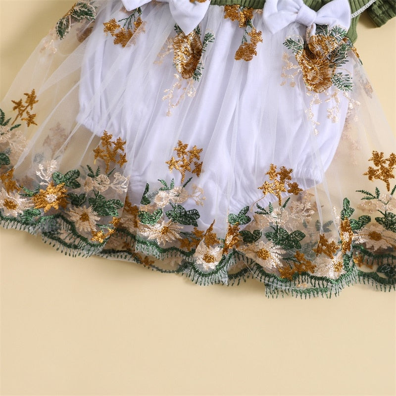 Floral Embroidered Bow Dress & Headband