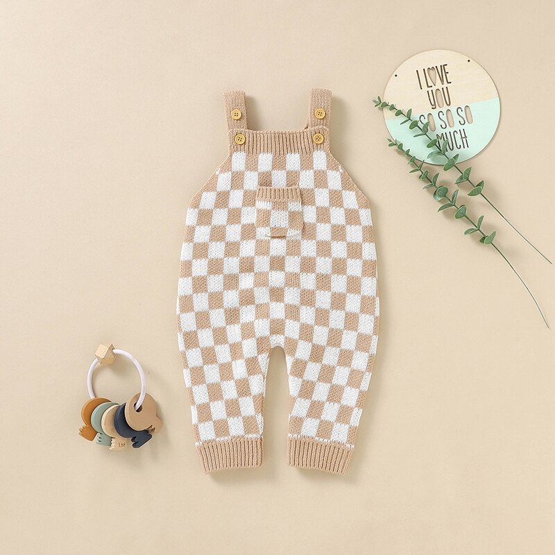 Knitted Checkered Pocket Romper