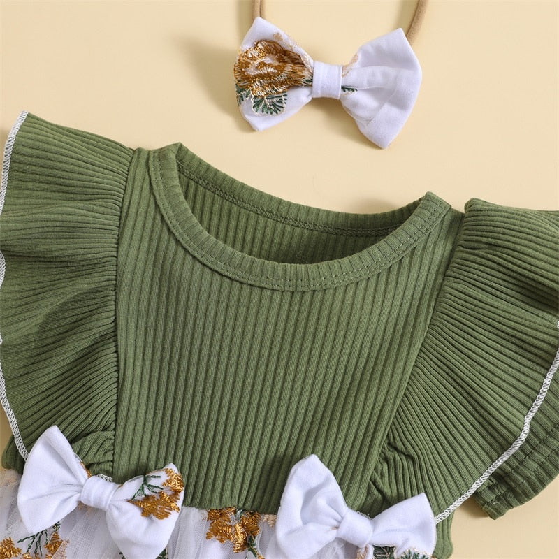 Floral Embroidered Bow Dress & Headband