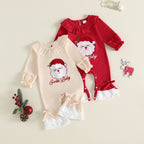 Baby Girl "Santa Baby" Christmas Romper – Long Sleeve Ruffle Collar Bodysuit with Lace Hem & Bows (0–18M)