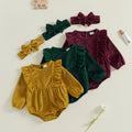 Solid Ribbed Velvet Romper & Bow