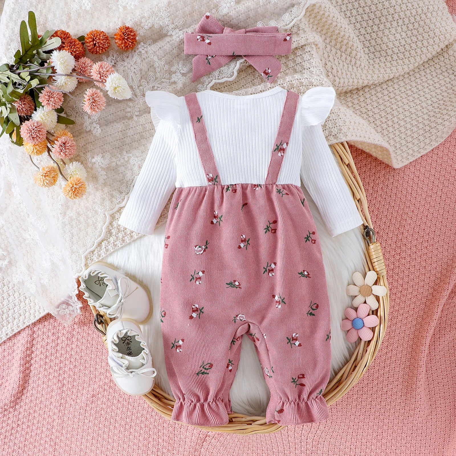 Baby Girl Floral Bow Jumpsuit & Headband Set