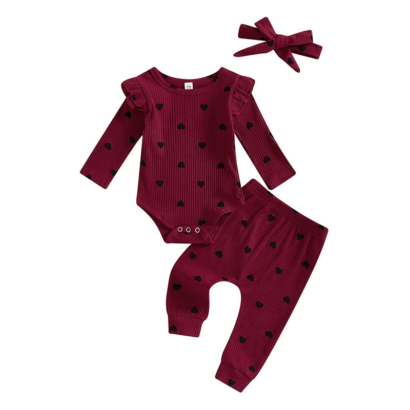 Heart Polka Dot Ribbed Ruffles Outfit & Headband