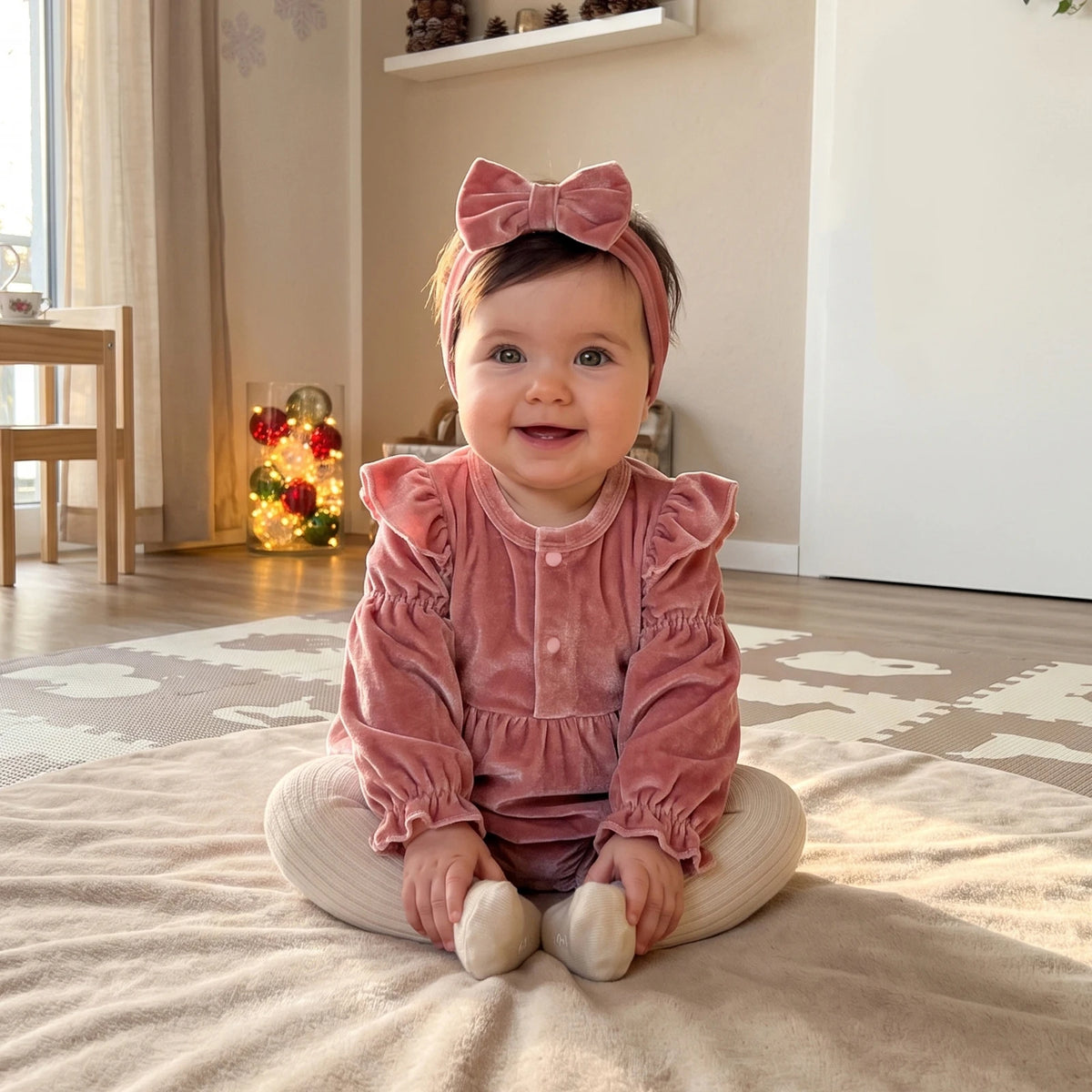Solid Velvet Romper & Bow