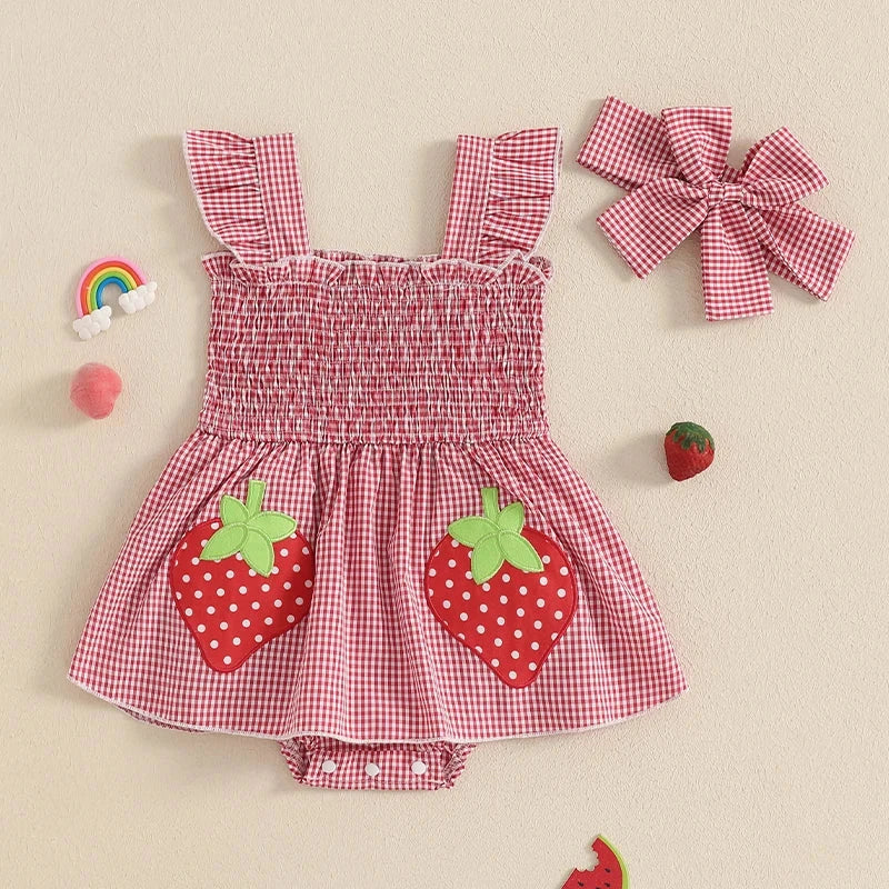 Plaid Strawberry Ruffle Dress & Bow