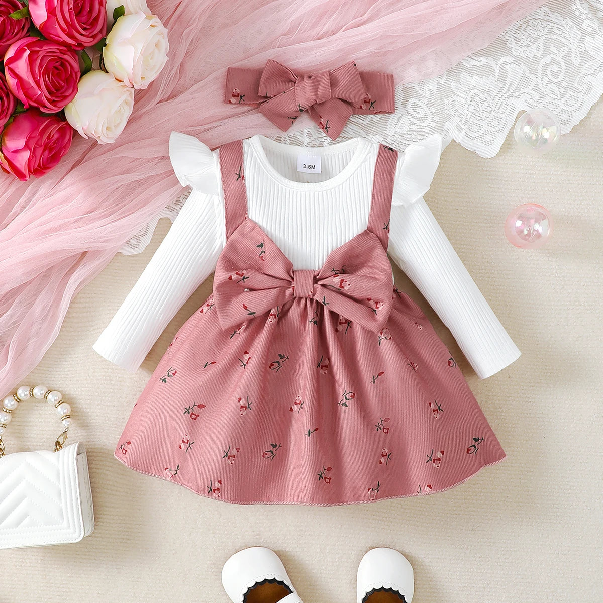 Baby Girl Floral Suspender Dress & Headband Set